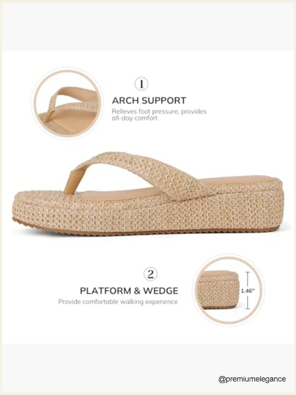 Women's Raffia Platform Wedge Flip Flop Sandals - Non-Slip Beach - Picture 5 of 7